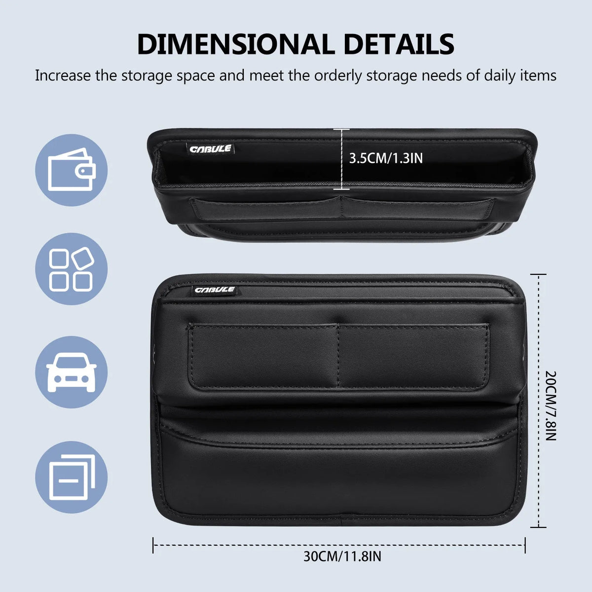 Black PU leather car seat gap storage box with data cable hole filling central console space