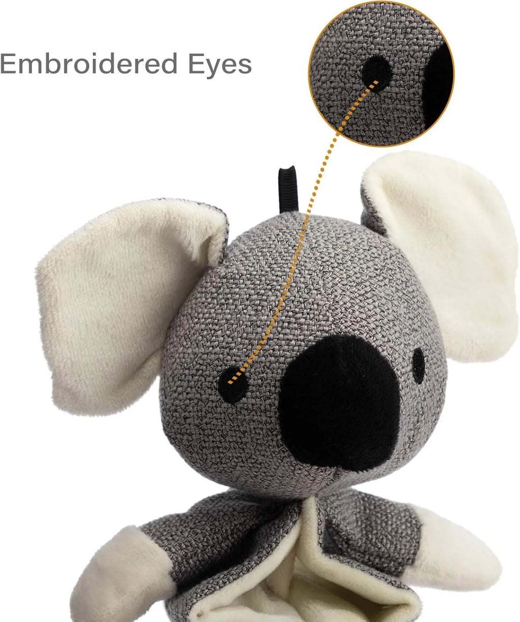 Hollypet grey koala plush dog toy measuring 30cm with squeaker and crinkle paper.