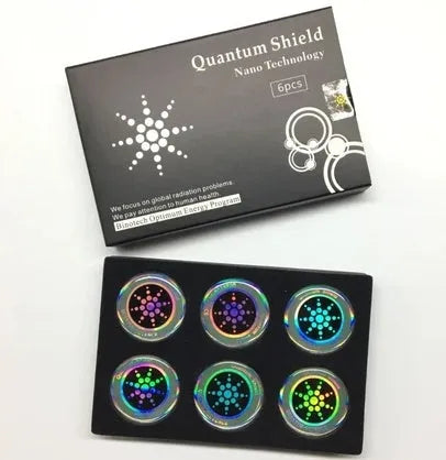 Six anti-radiation mobile phone stickers in gold and silver metallic finishes