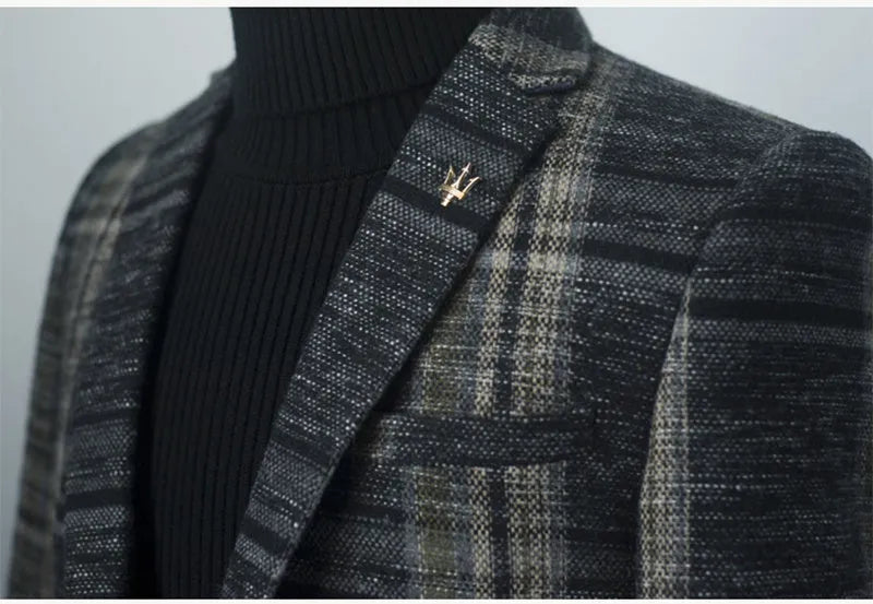 Men plaid slim fit polyester blazer in coffee colour with lapel collar and two-button front