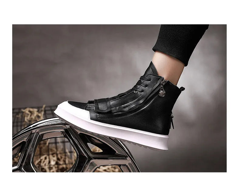 Men's black and white high-top style PU leather ankle boots on a size chart background.