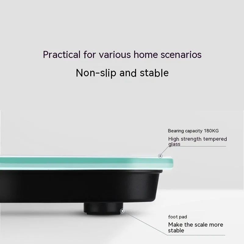 Digital bathroom weight scale with USB rechargeable feature in black, rose red, and white colour options.