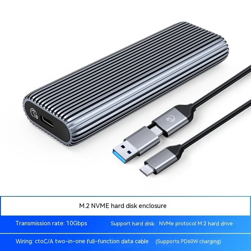 Aluminium alloy external SSD enclosure for M.2 SATA and NVMe drives with two-in-one data cable