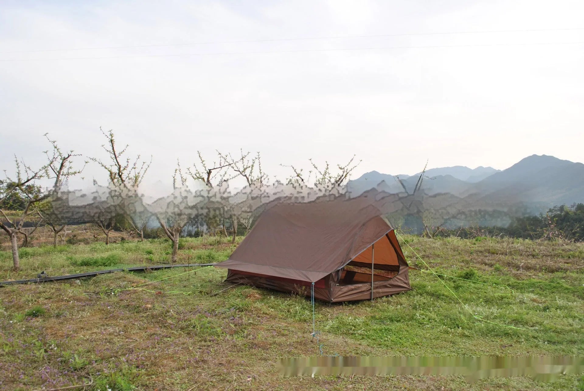Brown A-line hiking tent pitched using trekking poles with guy ropes secured