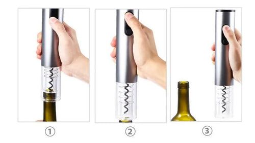 Silver automatic electric wine opener with foil cutter, aluminium alloy body, on a table next to a wine bottle