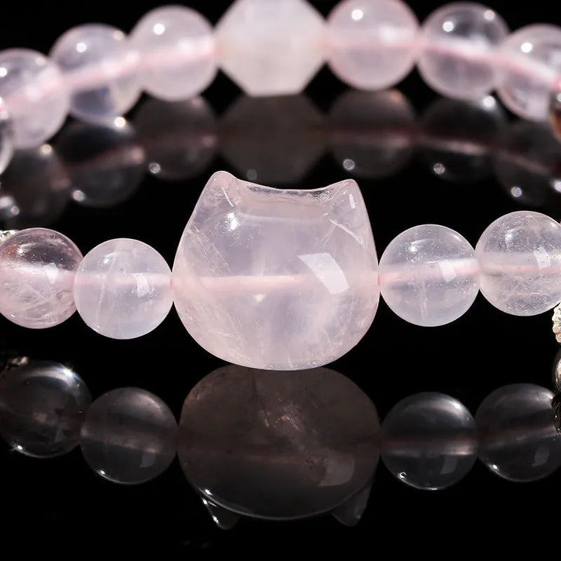 Natural star light pink crystal cat head bracelet with copper setting on adjustable band