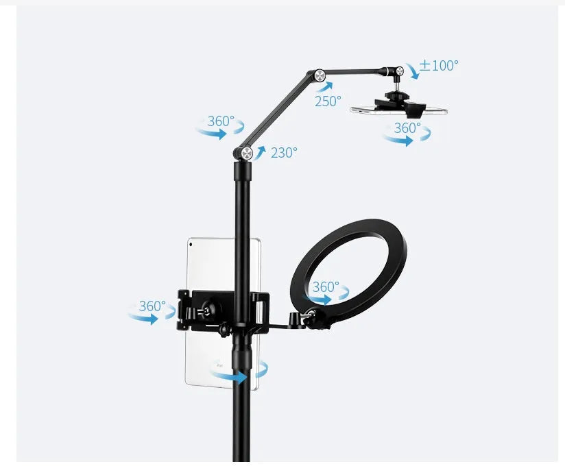 Black aluminium alloy floor standing mobile tablet holder with integrated LED fill light in folded position