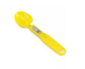 White digital spoon kitchen scale with LCD display showing weight measurement