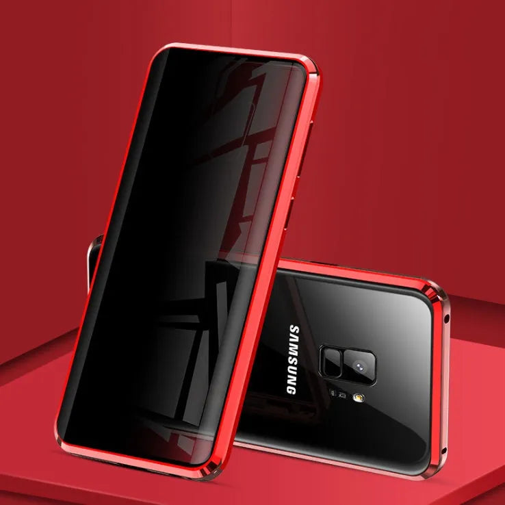 Black anti-peeping magnetic phone case for Samsung Galaxy shown in clamshell open position