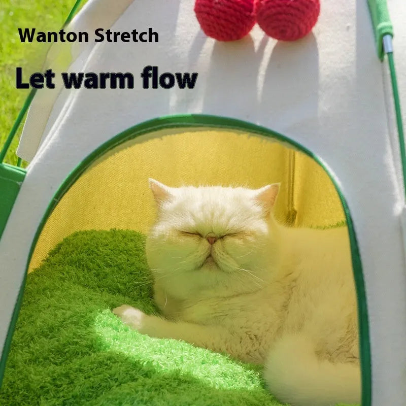 Dome-shaped cloth cat nest tent with a thick pad inside, packaged as a gift.