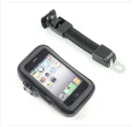 Waterproof bicycle phone holder mounted on handlebars with transparent touch screen window, three size options for 4.7 to 6.3 inch smartphones