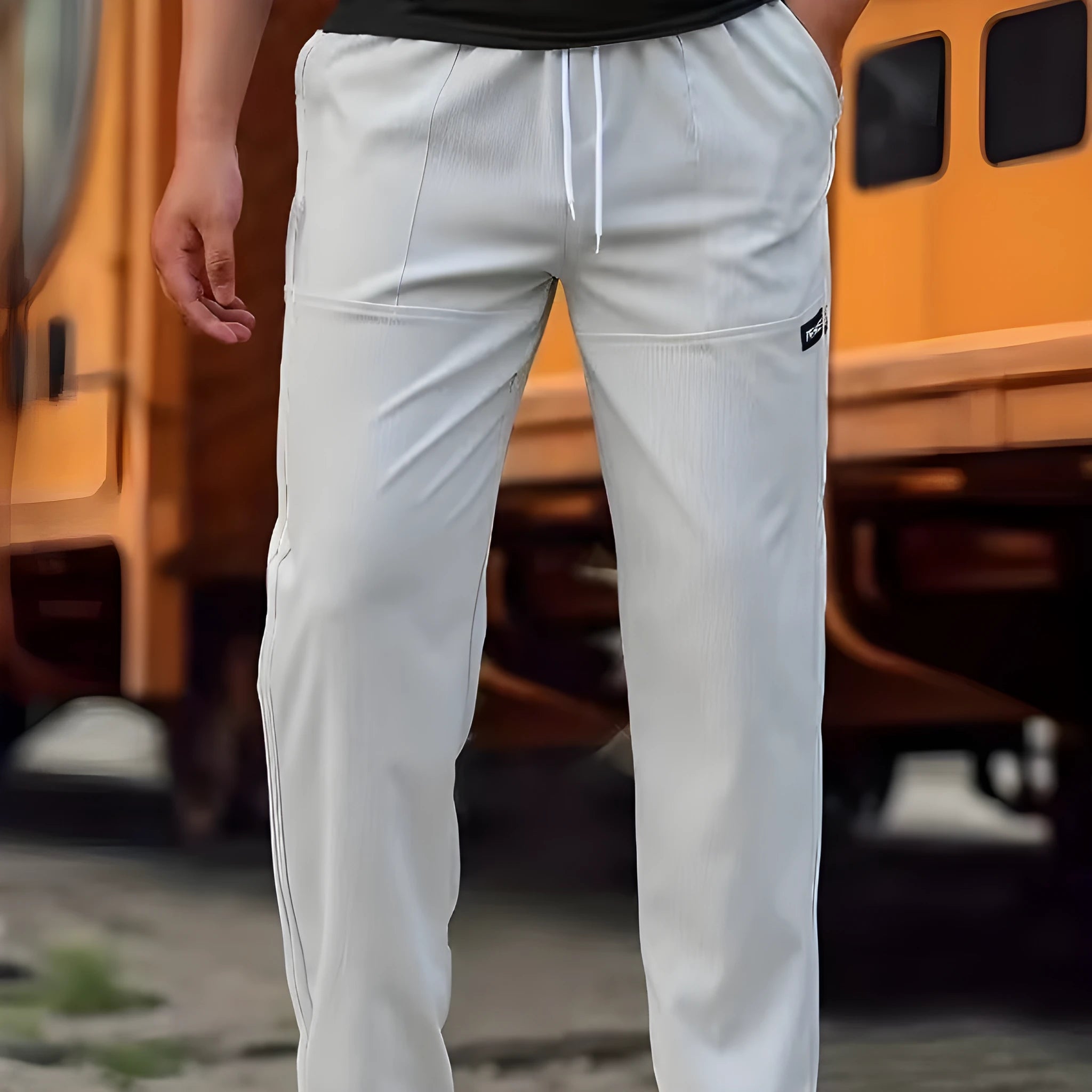 Men's straight-leg polyester trousers in light grey on a hanger