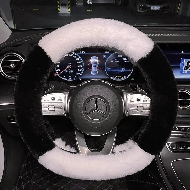 Milk tea white plush steering wheel cover with panda ears on a car steering wheel