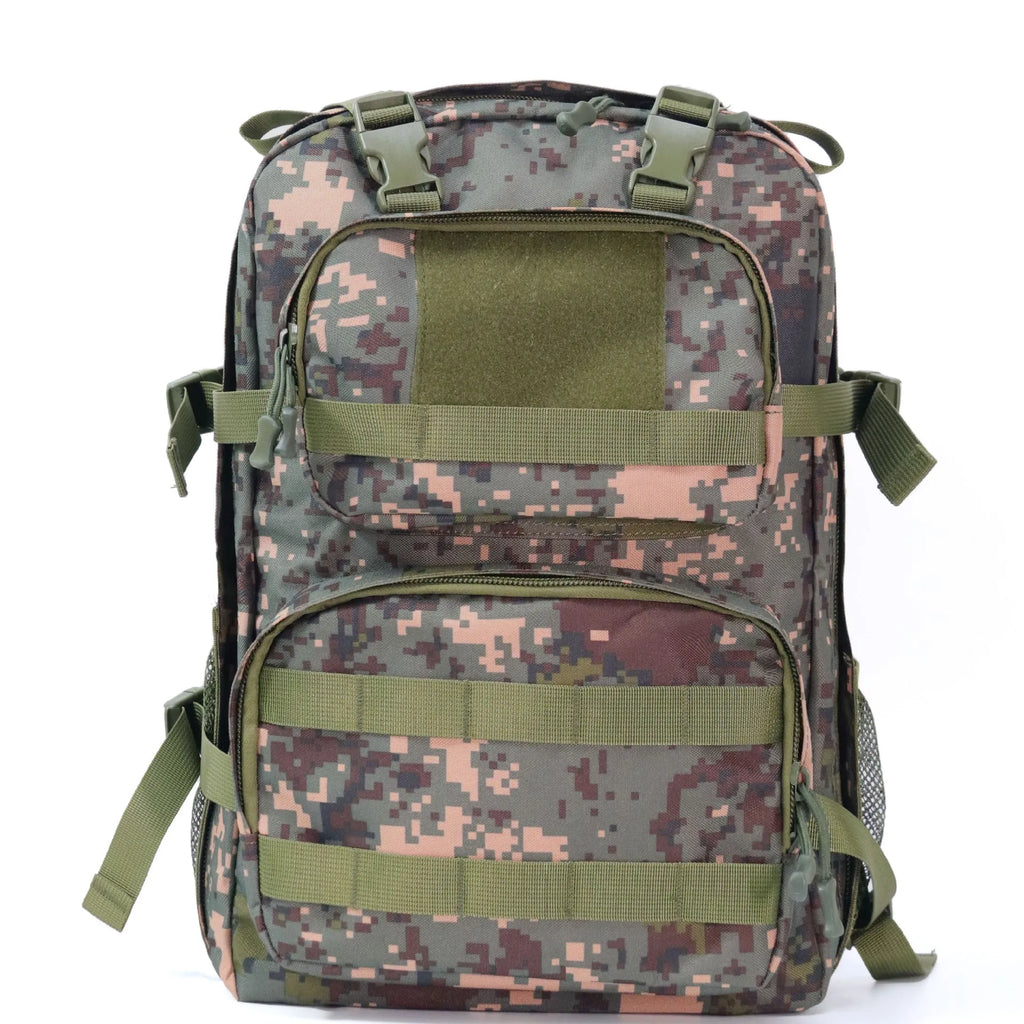 Green camouflage waterproof outdoor rucksack with black straps and a 20-litre capacity.