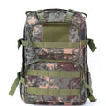 Green camouflage waterproof outdoor rucksack with black straps and a 20-litre capacity.