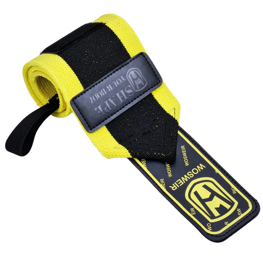 Adjustable polyester wrist wrap bandage for weightlifting and deadlift training, shown in a black colour combination