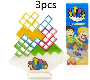 Balance stacking game set with plastic building blocks and wooden chassis