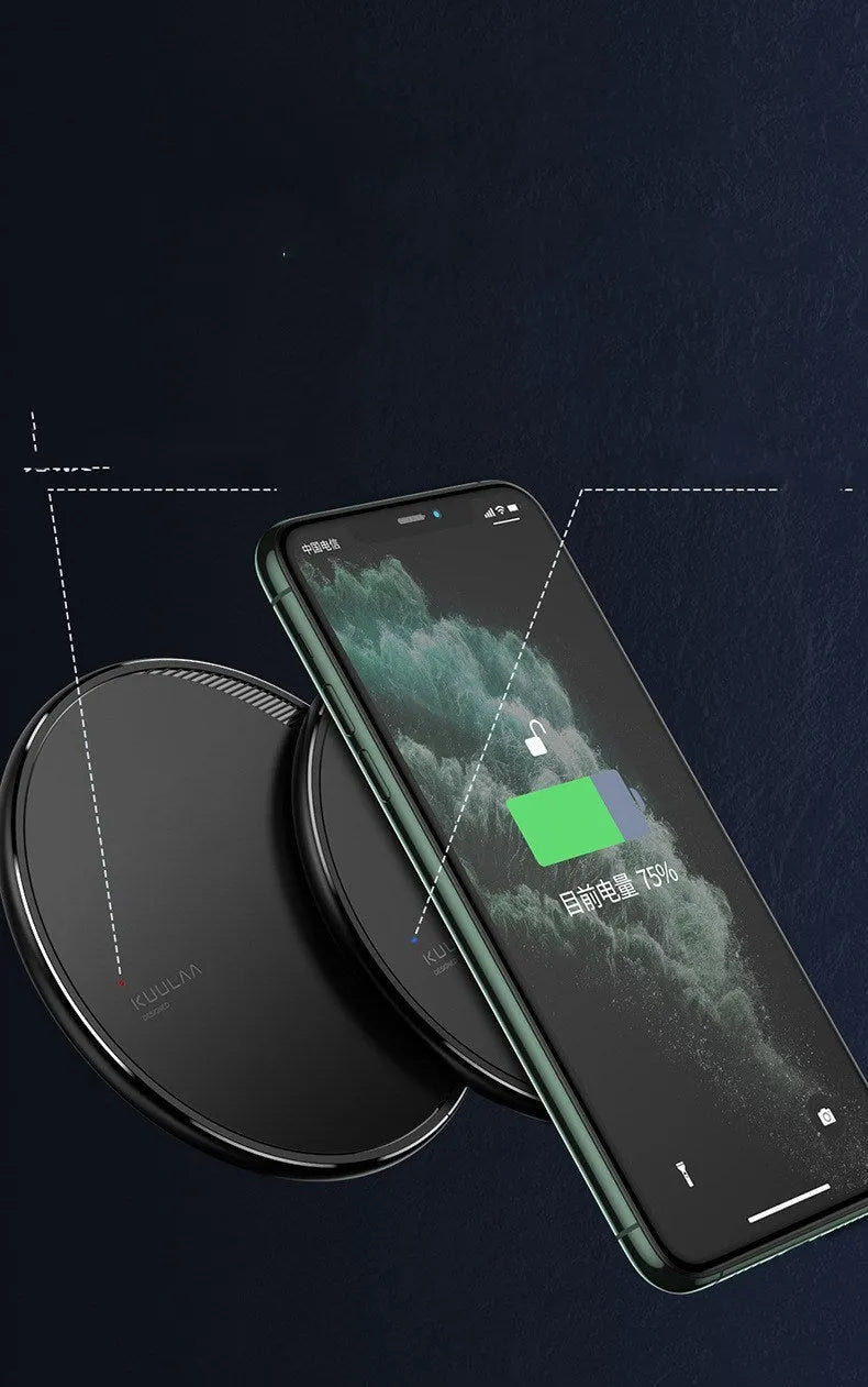 Black Kuulaa KL-CD16 circular wireless charging pad for mobile phones with LED light.