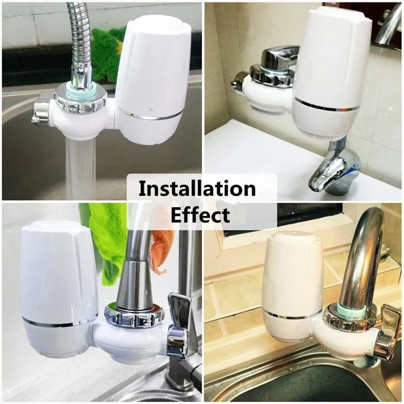 White plastic faucet water filter unit with adapters and ceramic cartridge for kitchen tap installation.