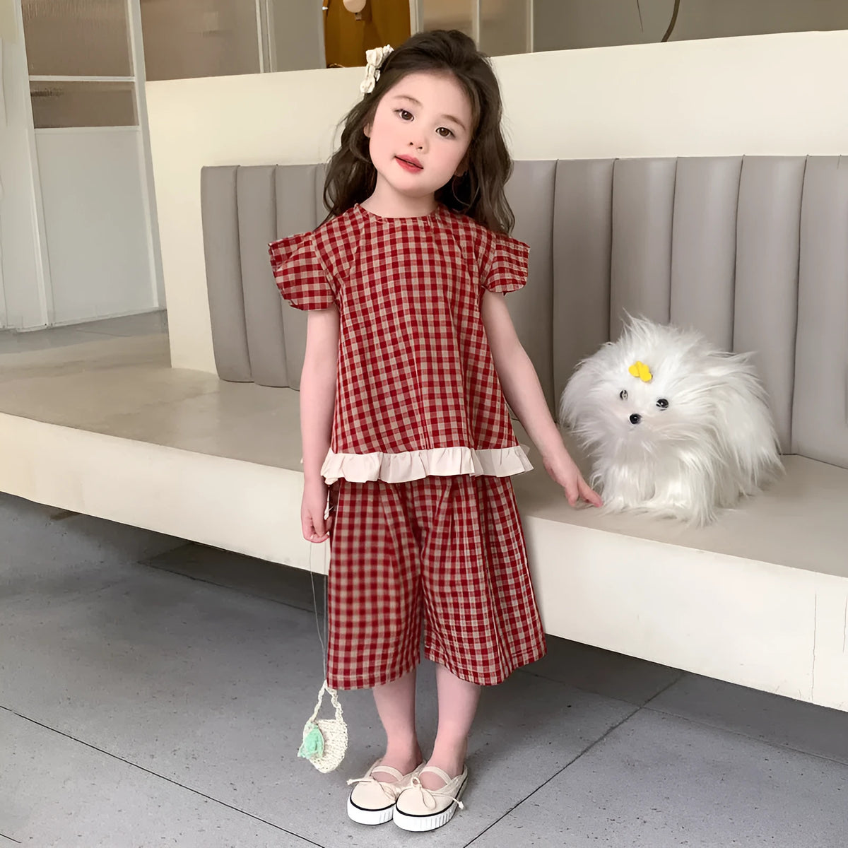 Girls' red plaid cotton two-piece set with shirt and pants, pullover style, for heights 90cm to 140cm