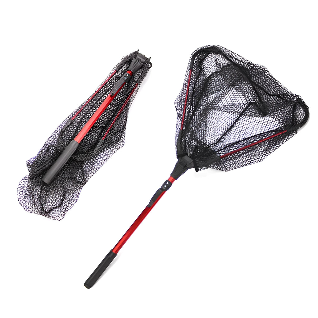 Red aluminium alloy single section triangular folding dip net with viscose mesh, 80cm total length, folded