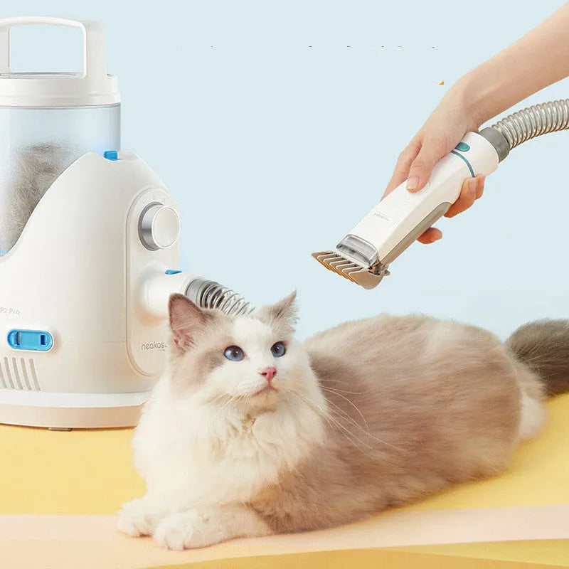 White plastic dog hair clipper and comber vacuum cleaner with electric shear, combs and five roughing calipers, 208 x 268 x 365mm