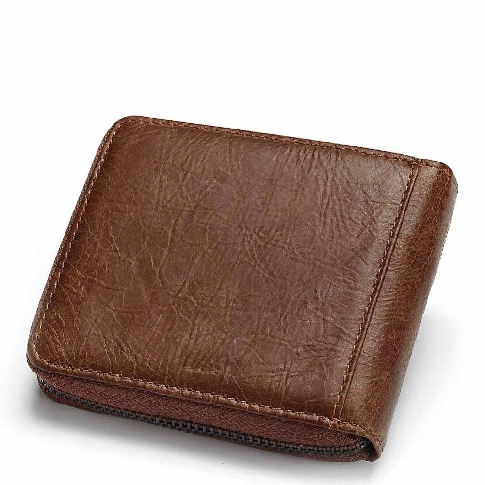 Men's brown genuine leather wallet with multiple compartments and zipper closure