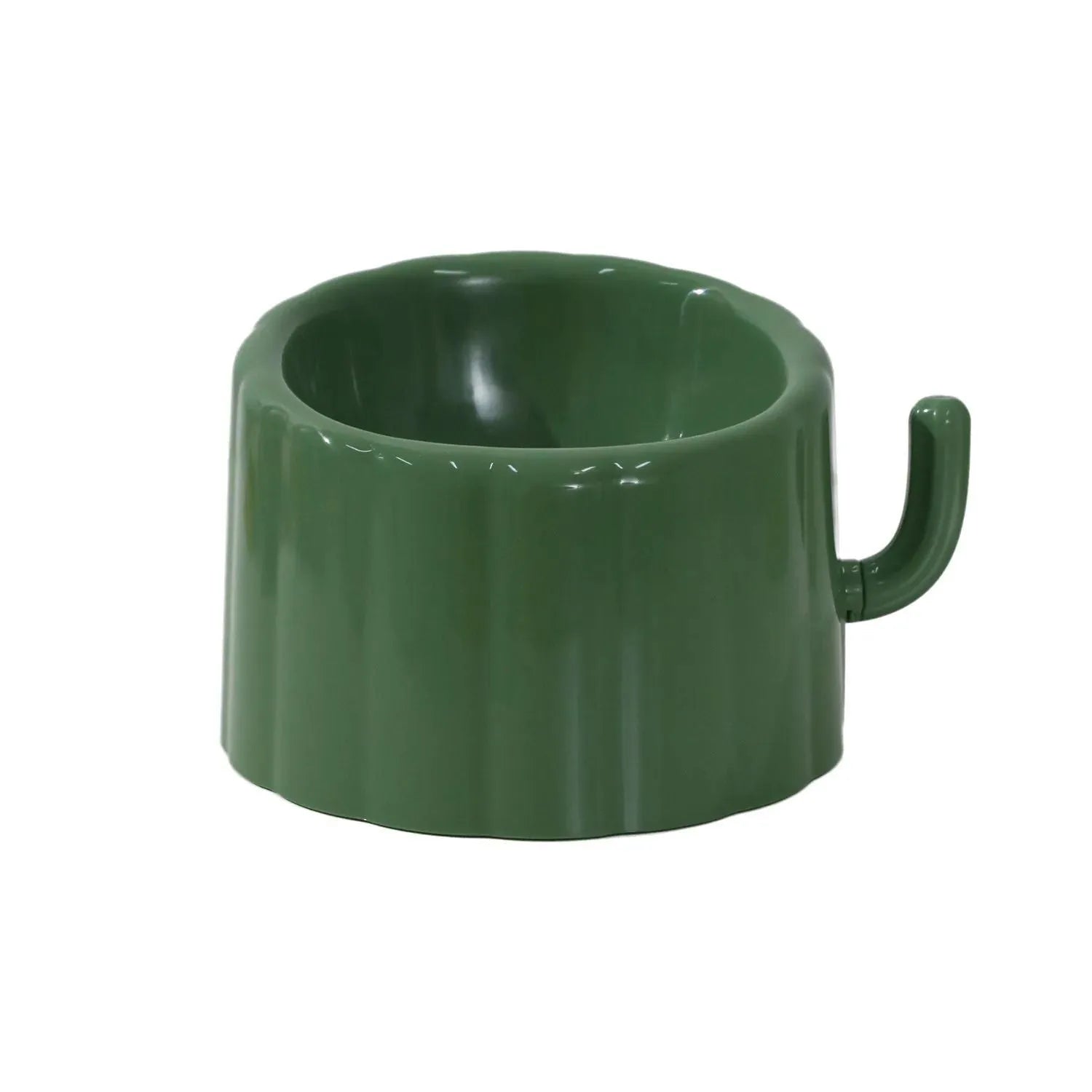 Solid green cat bowl with cactus pattern and anti-slip base on a kitchen floor.