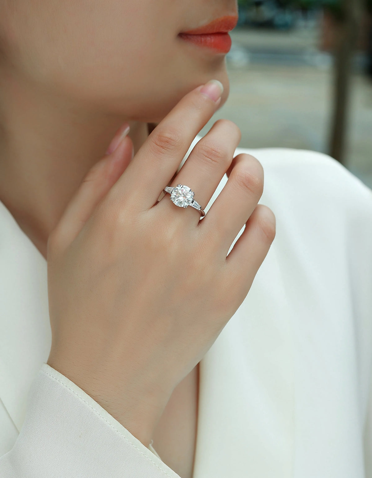 3-carat octagonal moissanite wedding ring set in S925 silver with platinum plating on white background