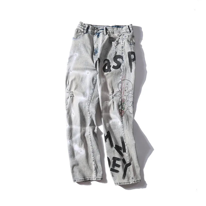 Men's grey cotton jeans trousers, sizes S to XXL, with waist, hip and length measurements in cm.