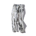 Men's grey cotton jeans trousers, sizes S to XXL, with waist, hip and length measurements in cm.