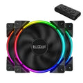 Three black 12cm RGB PC cooling fans with illuminated blades on a dark background.