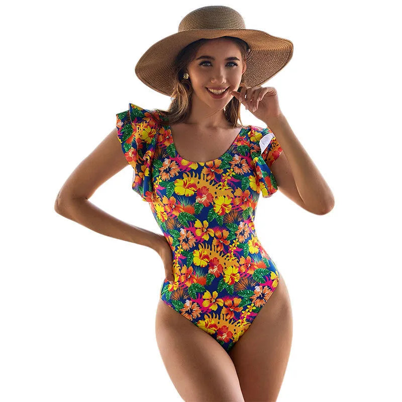 Women's one-piece swimsuit with U-shaped collar and lace trim in polyester fabric.