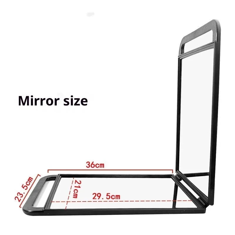 Double large folding hairdressing rearview mirror in black with HD double-sided reflective surface and plastic frame.