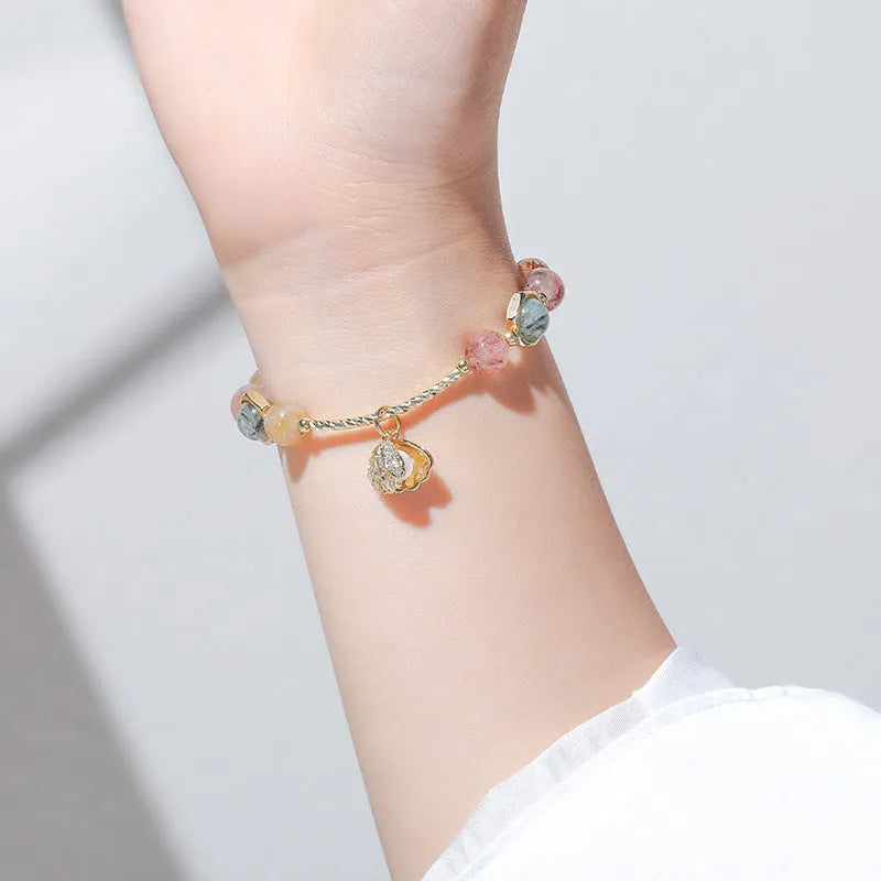 Women's colourful hair crystal shell bracelet with red sealant flower detailing and electroplated finish