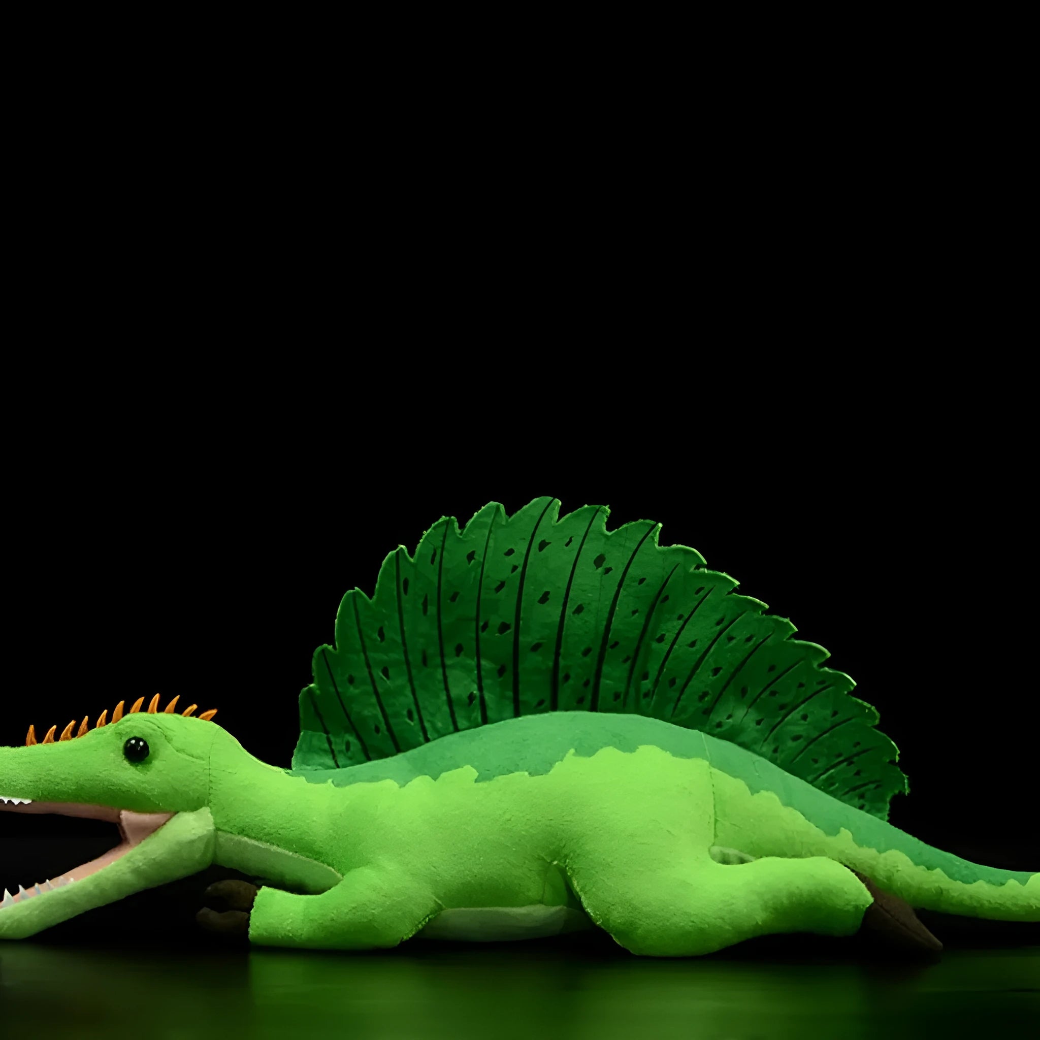 Green Spinosaurus simulation plush doll 45cm long from mouth to tail on plain background