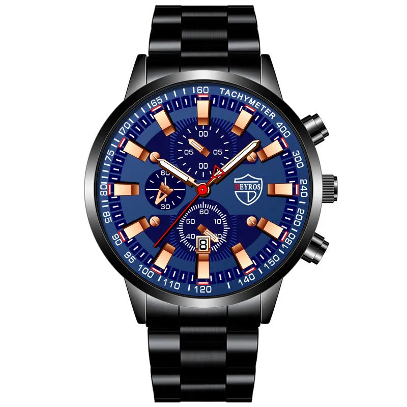 Stainless steel luminous quartz wristwatch for men, black dial, 42mm, stainless steel band with single fold buckle