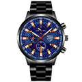 Stainless steel luminous quartz wristwatch for men, black dial, 42mm, stainless steel band with single fold buckle