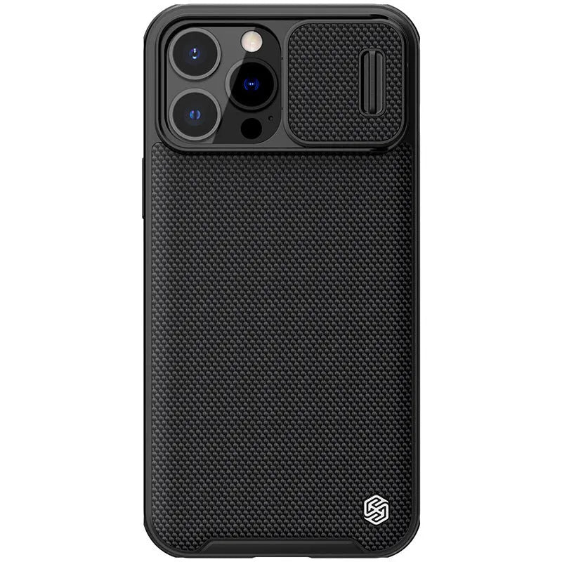 Black textured sliding back cover phone case for iPhone 13 Pro Max with PC and TPU construction
