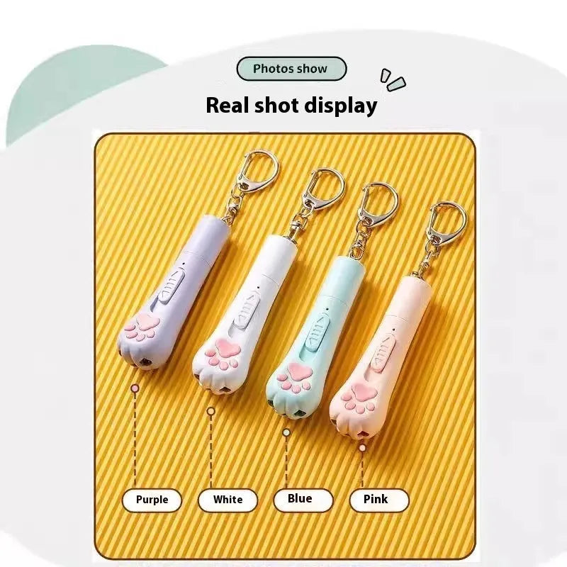 Pink USB-rechargeable cat teaser wand with feather, showing light and vibration functions for interactive play.