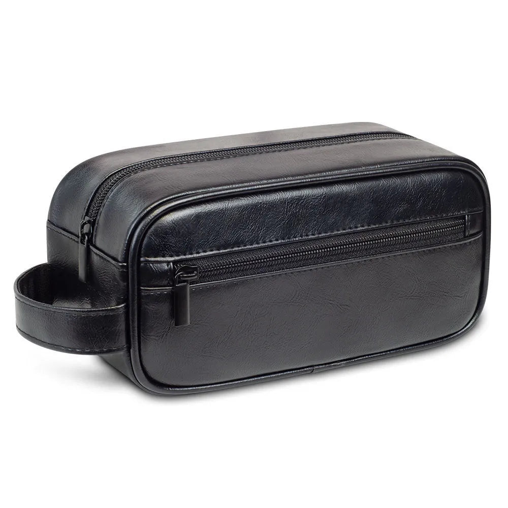 Men's PU leather handheld storage bag in black with sewing seams and zip closure