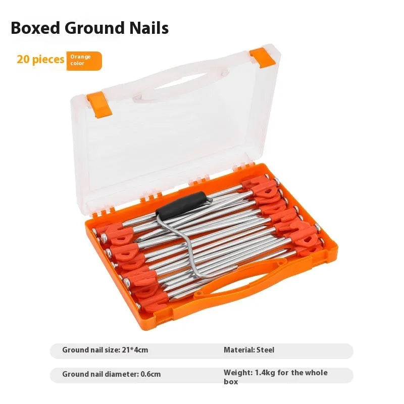 Boxed orange plastic tent stake measuring 6.5x20.5mm with flat head