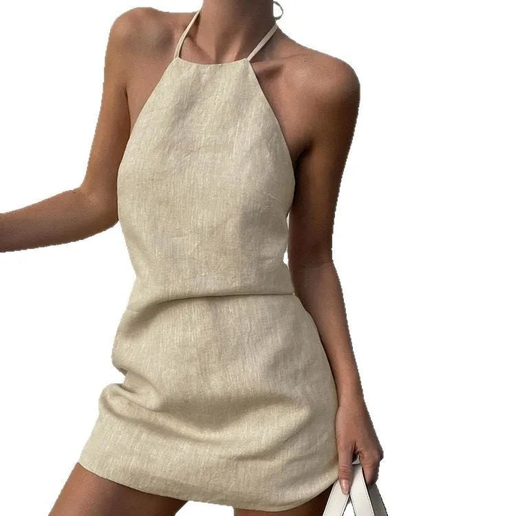 Women's solid colour linen A-line summer dress knee length casual midi dress