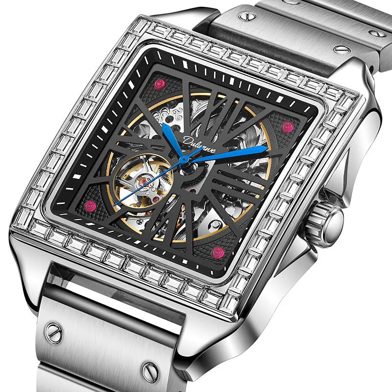 Men's square automatic watch with diamond studs on a black steel strap.