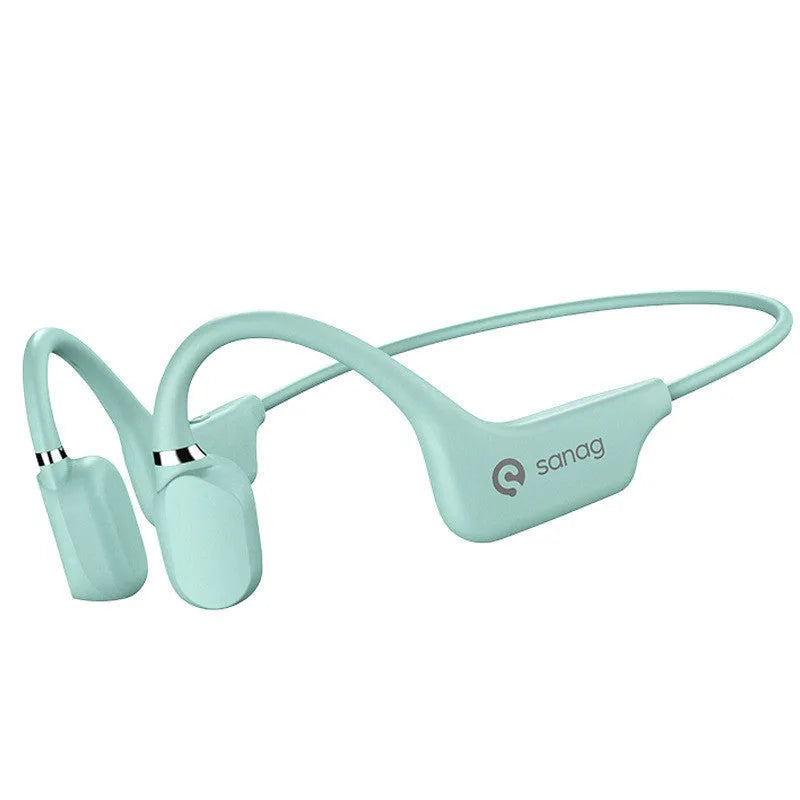A person wearing bone conduction Bluetooth headphones with a wireless neckband sensor during a run.