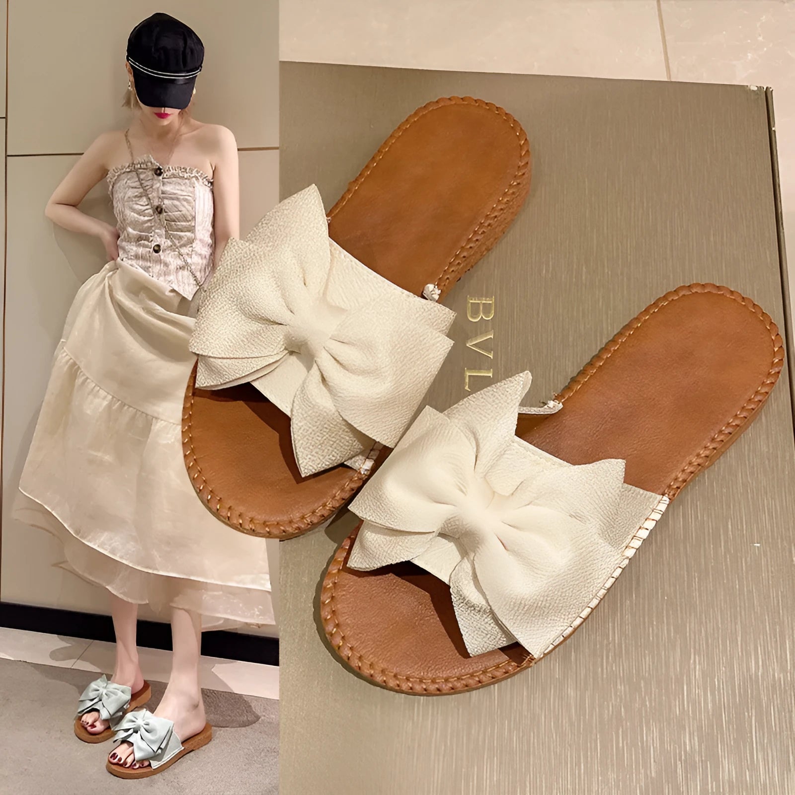 Women's beige suede slip-on sandals with bow detail and rubber sole