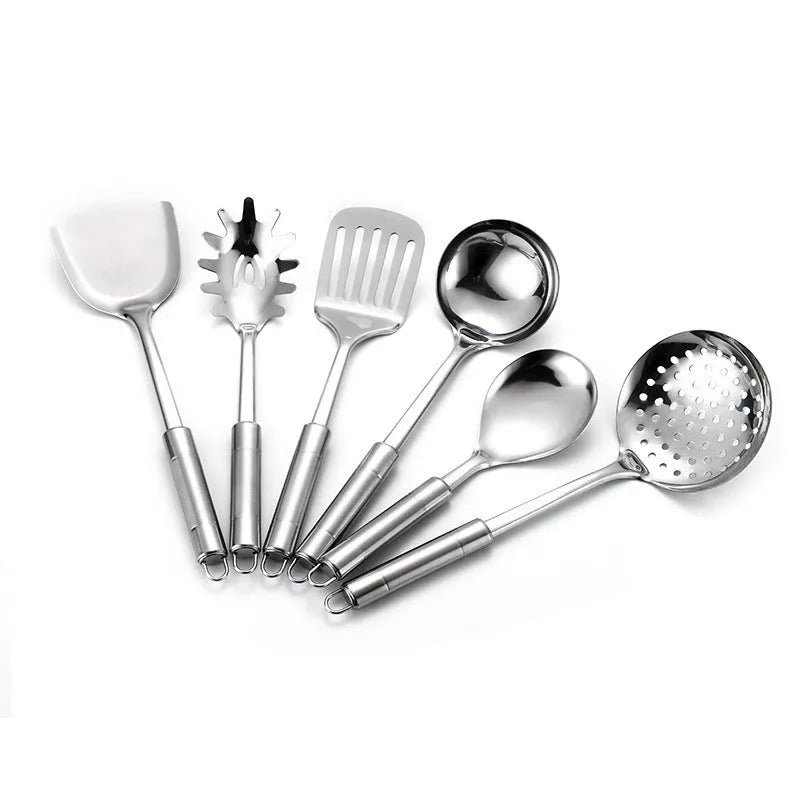 6 piece stainless steel kitchenware set with anti-scalding design, including shovel, spoons and colander