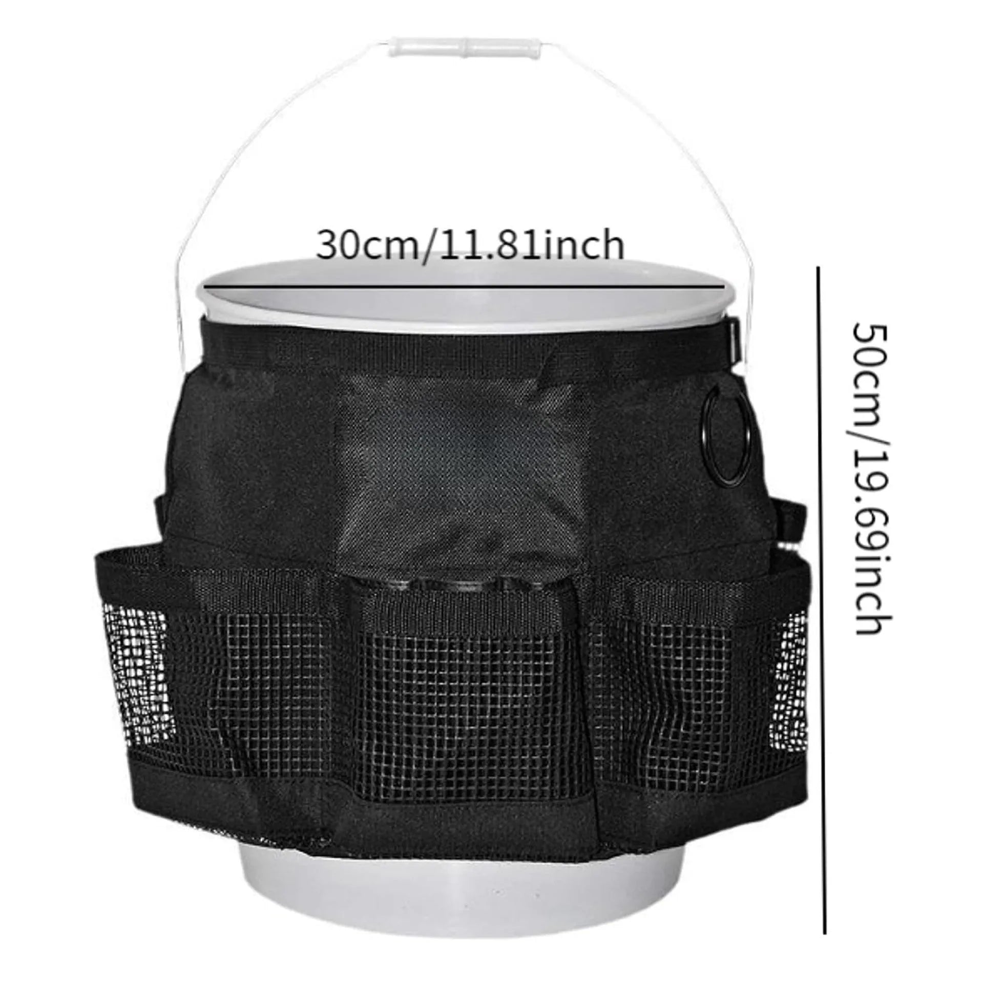 Black cylindrical polyester hanging storage bag for 5 gallon barrel tools and organiser.