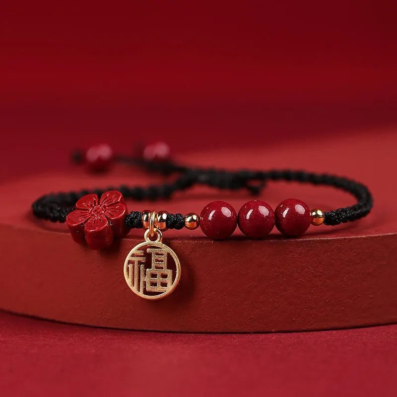 Cinnabar exam luck bracelet with braided rope in black, red or wine red with blessing card charm