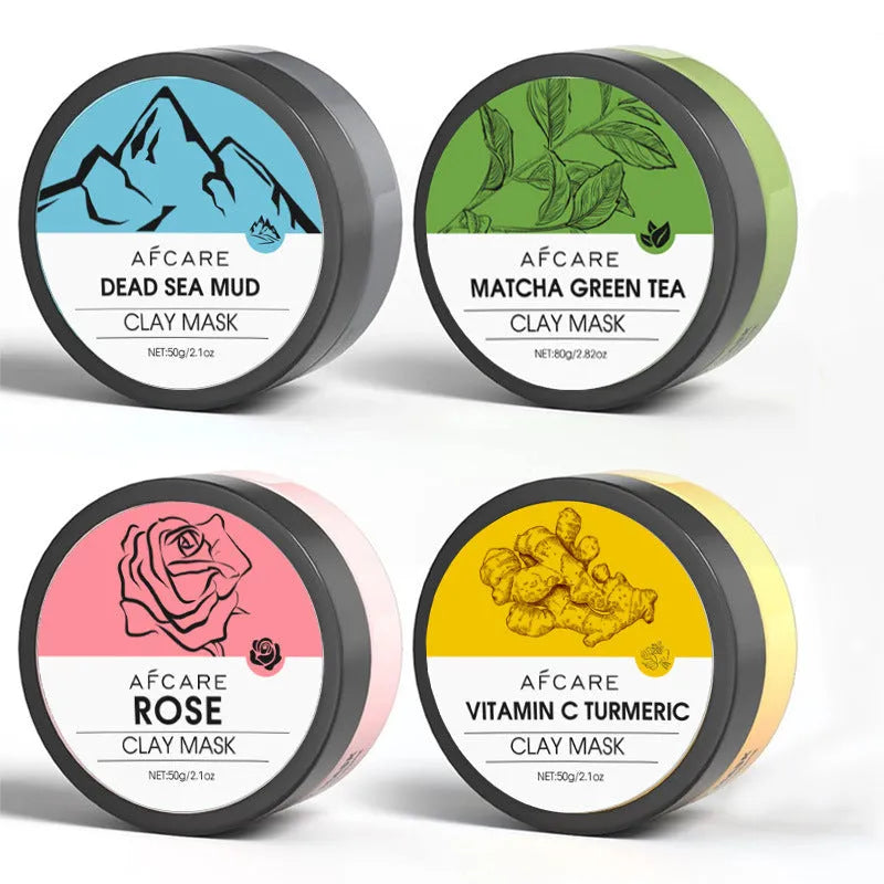 Four tub Dead Sea mud clay mask set with green tea, turmeric and rose formulas
